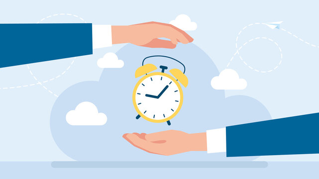 The metaphor of Time management. Save time, plan business. Businessman holding a clock in hands. Execution of tasks on time. Adherence to the deadline. Resource management. Flat illustration.