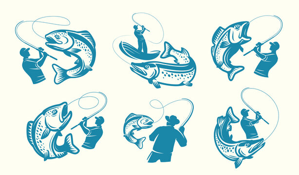 Fishing, outdoor activities set badges or emblems. Sport fishing concept, symbol collection. Vector illustration