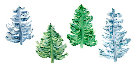 Set of Christmas trees watercolor illustration isolated on white background.
