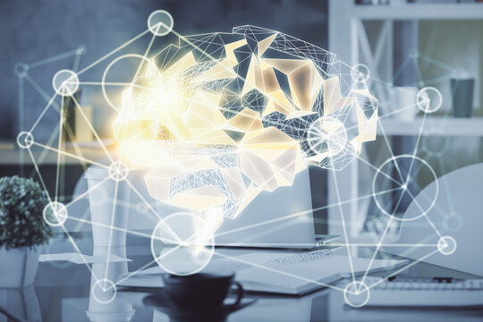 Double exposure of brain drawing and office interior background. Concept of data technology.