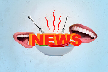 Composite collage picture of two human mouth eat bite hot fire news text dish isolated on creative...