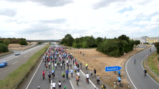 Wiesbaden, Germany - August 28, 2022: Approximately 8,500 cyclist protesters blocked traffic on a section of German highway A66 between Frankfurt and Wiesbaden. 