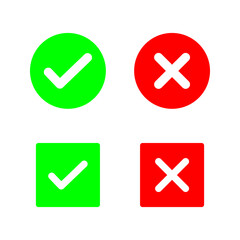 A colection of web button variants: green check mark and red cross. Many options, Vector icons.