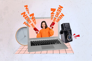Composite collage picture of excited girl inside netbook screen hold news gun clock photocamera isolated on creative background