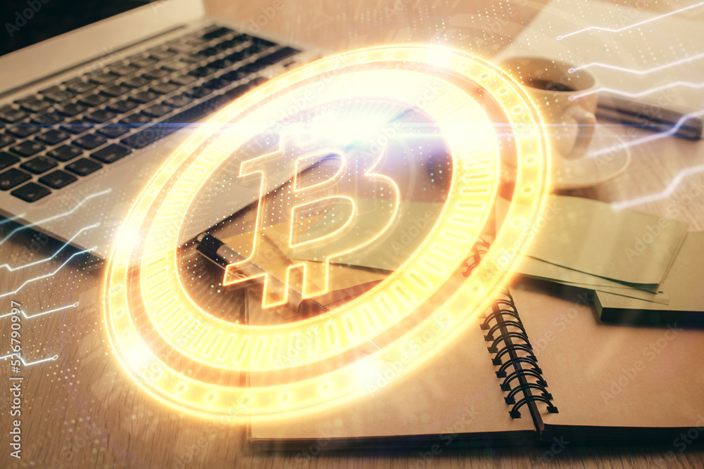 Aufkleber Double exposure of crypto technology drawing and desktop with coffee and items on table background. Concept of blockchain