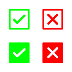 A colection of web button variants: green check mark and red cross. Many options, Vector icons.
