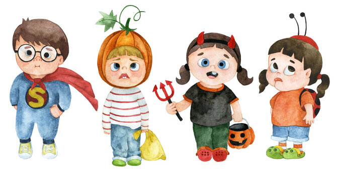 watercolor drawing, set of cute kids in halloween costumes. funny characters kids at the party in halloween costumes