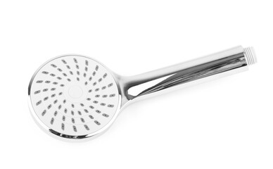 A set of sanitary taps and shower heads, closeup, isolated on white