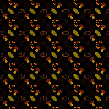 Papel digital para impresi&oacute;n, con patr&oacute;n oto&ntilde;al de hojas de roble, bellota, calabaza, hongo, bayas y pi&ntilde;a de pino. 12 x 12 pulgadas 300 DPI.