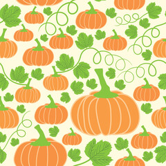 Pumpkin with shrubs and leaves seamless pattern. Pumpkins shrubs surface pattern design. It is suitable for  tiles, interior, textile, fabric, wrapping, sheets and many more.