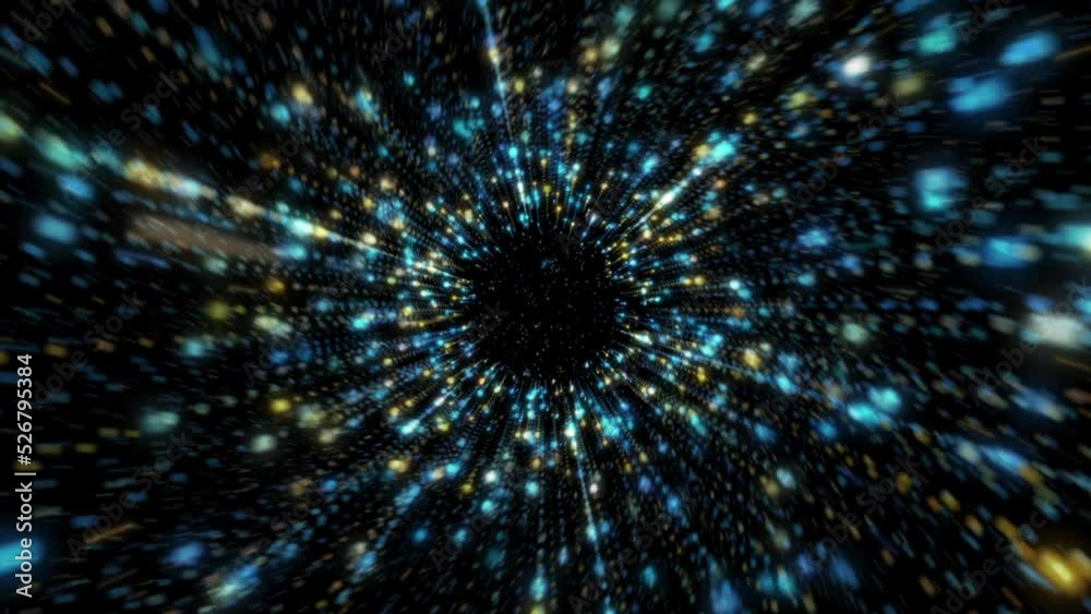 Wall mural outer space glowing stars background. flying through a blue and gold galaxy of stars and particles a