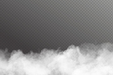 Realistic white smoke fog on transparent black background.