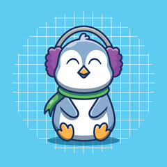 Penguin mascot wearing earmuffs and coat vector illustration.