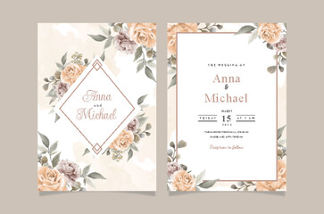 Set of card with peach flower rose and leaves. Wedding ornament concept. Floral poster invitation. Vector decorative greeting card or invitation design background.
