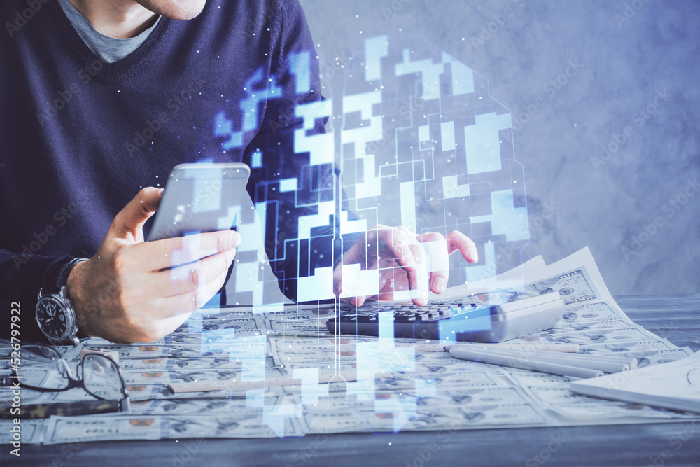 Aufkleber Multi exposure of man's hand holding and using a digital device and data theme drawing. Innovation concept.