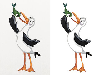 Cute seagull with fish character watercolor illustration painted by hand