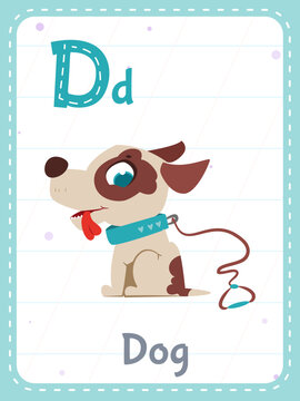 Alphabet printable flashcard with letter D. Cartoon cute dog animal picture and english word on flash card for children education. School memory cards for kindergarten kids flat vector illustration.