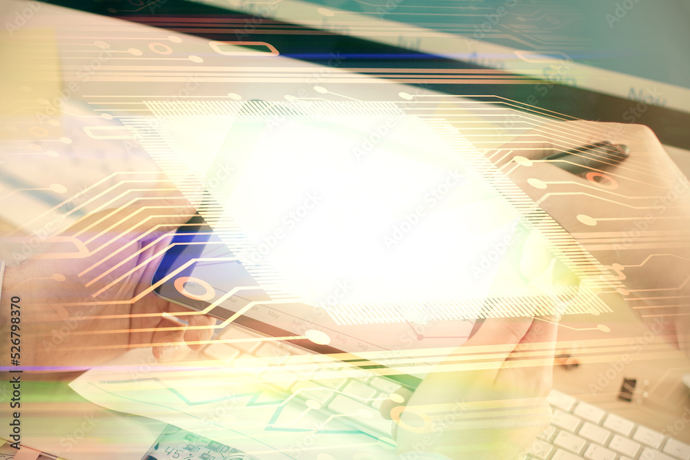 Poster Multi exposure of man's hands holding and using a digital device and data theme drawing. Innovation concept.