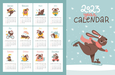 Calendar 2023 with rabbit for seasons avtivity, planner organizer template. Covers and 12 month pages bunny character mascot year symbol. Flat vector hand drawn illustration.Hare lies beach, read book