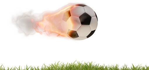 a fast ball which has caught fire and green grass, soccer ball 3d-illustration