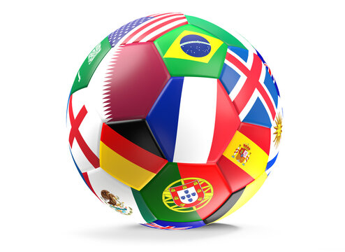 soccer ball flags design 3d-illustration, focus on the flag of Qatar and France