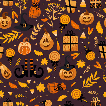 Halloween bright seamless vector pattern. Pumpkin jack-o-lantern, witch hat, striped stockings, shoes, lollipop, gifts, autumn leaves. For nursery, wallpaper, printing on fabric, wrapping, background.