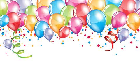 Color balloons and confetti illustration on a white background -  design banner for birthday, festive celebration event © Orkidia