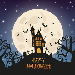 Halloween spooky old haunted house with a big moon and bats on the night sky background. Silhouettes vector illustration for holiday web and print designs