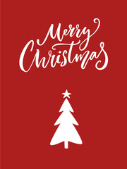 Fototapeta na wymiar Simple Merry Christmas greeting card with sigle minimalist tree, red vector design