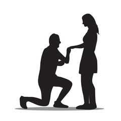 Silhouette of man on his knees makes a proposal to marry the woman, hand draw sketch vector. Flat cartoon by Vector illustration isolate on white.