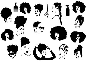 set of silhouettes of afro hairstyles. Bundle Afro Woman Melanin Popping vector Cutting Files For Silhouette Cricut  - obrazy, fototapety, plakaty