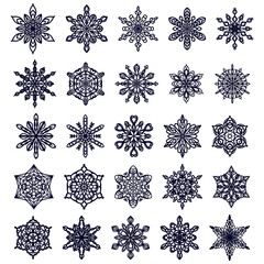 Snowflake set. Twenty-five delicate winter ornaments on a white background.  Christmas pattern