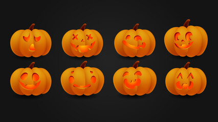 Collection of Halloween cute pumpkins with carved faces silhouettes. Orange red 3d glowing emotions. Template with variety of eyes, mouths and noses for cut out jack o lantern. Vector illustration