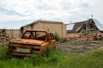Moshchun, Ukraine - August 25, 2022: For more than a month there were battles between Ukrainian and russian occupant forces in the vicinity of the village of Moshun in the Kiev region.