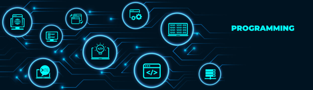 software engineering or programming vector illustration. Blue concept related to html coding, beta testing an application, software design and development process, implementation and verification.