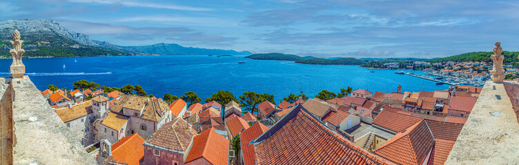 View from the tower of the church of St. Marco of the medieval town of Korcula in Croatia