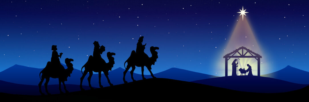 Christmas Nativity Scene black silhouette on blue background