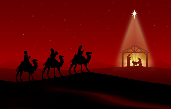 Christmas Nativity Scene black silhouette on red background