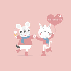 Obraz na płótnie Canvas cute and lovely hand drawn cute french bulldog holding diamond ring and cat holding heart balloon, happy valentine's day, love concept, flat vector illustration cartoon character costume design