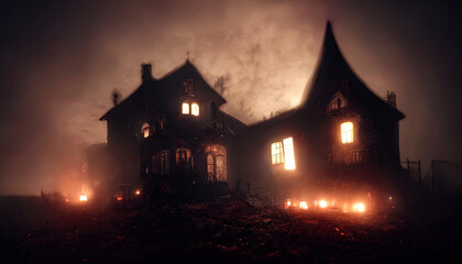 Fototapeta na wymiar Dark atmospheric horror background. Haunted house. Dramatic sky, old, abandoned house, light in the windows. 3D illustration.