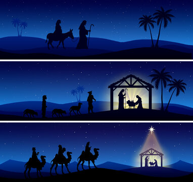 Christmas Nativity Scene banners blue background