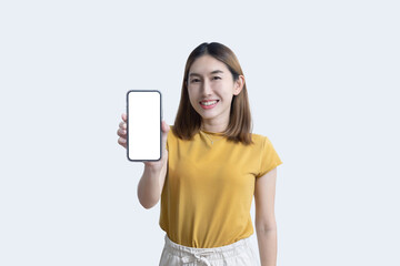 Fototapeta premium Asian Woman Show Mobile Phone Screen with Blank Copy Space