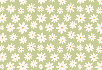 Floral seamless pattern. Modern background with white daisy flower. Сhamomile field concept. Vector art, wallpaper, banner, poster.  