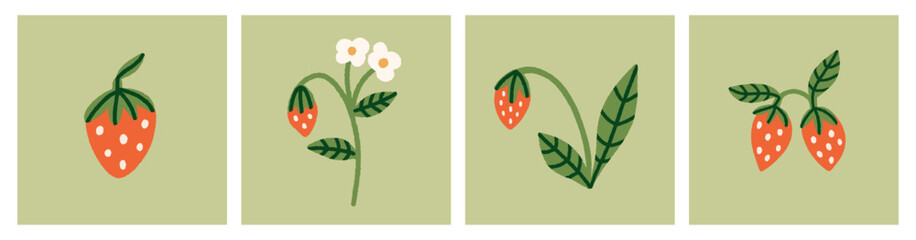 Set of different strawberries with leaves, white flowers, bushes or branches. Modern art, print, poster, card design. Vector hand drawn illustration, cartoon style. 