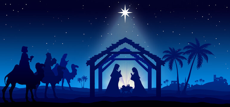 Christmas Nativity Scene blue background