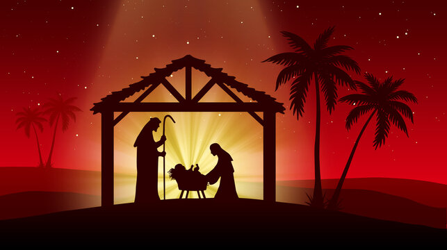 Chritmas Nativity Scene on red background