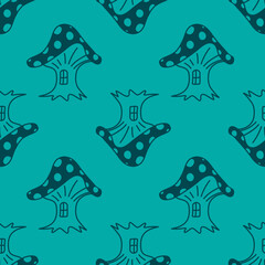 Fly agaric toadstool mushroom seamless pattern blue green for textile design and wrapping paper