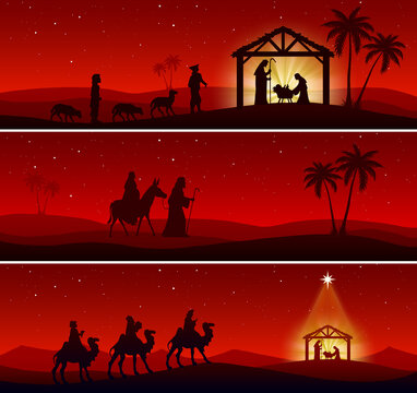 Chritmas Nativity Scene triptych on red background