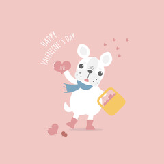 Obraz na płótnie Canvas cute and lovely hand drawn cute french bulldog pug holding heart, happy valentine's day, love concept, flat vector illustration cartoon character costume design