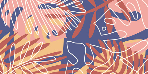 Monstera palm leaf tropical background empty colorful trendy background